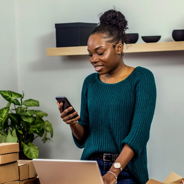 woman on phone with computer in office